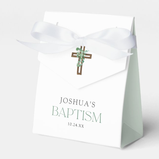 Eucalyptus Modern Cross Baptism Party Favors Favor Boxes (Front Side)