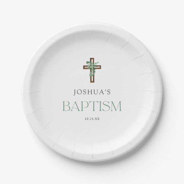 Eucalyptus Modern Cross Baptism Party Paper Plates (Front)