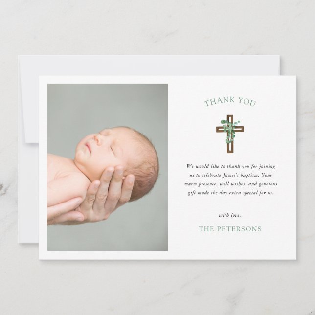 Eucalyptus Modern Cross Baptism Photo Thank You Card (Front)