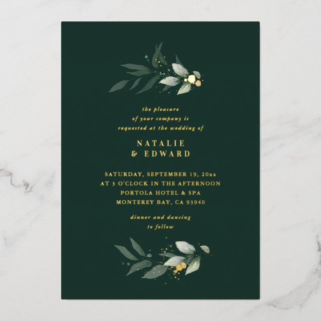 Eucalyptus modern minimal elegant wedding green fo foil invitation (Front)