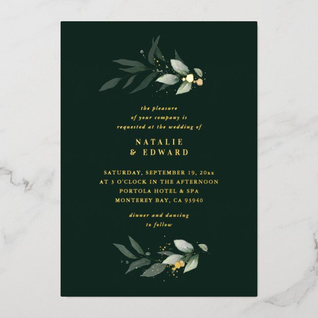 Eucalyptus modern minimal elegant wedding green foil invitation (Front)