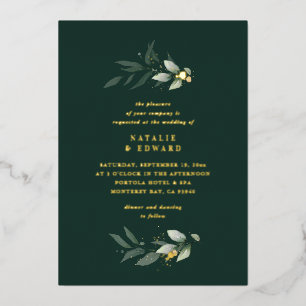 Eucalyptus modern minimal elegant wedding green foil invitation