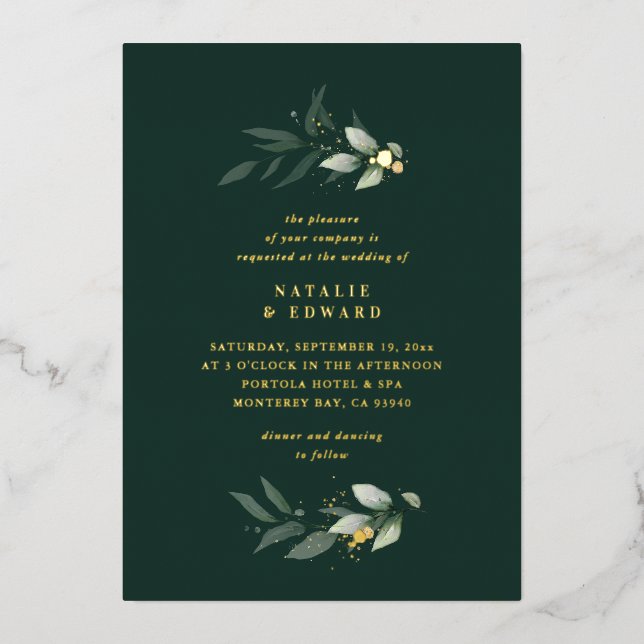 Eucalyptus modern minimal elegant wedding green foil invitation (Front)