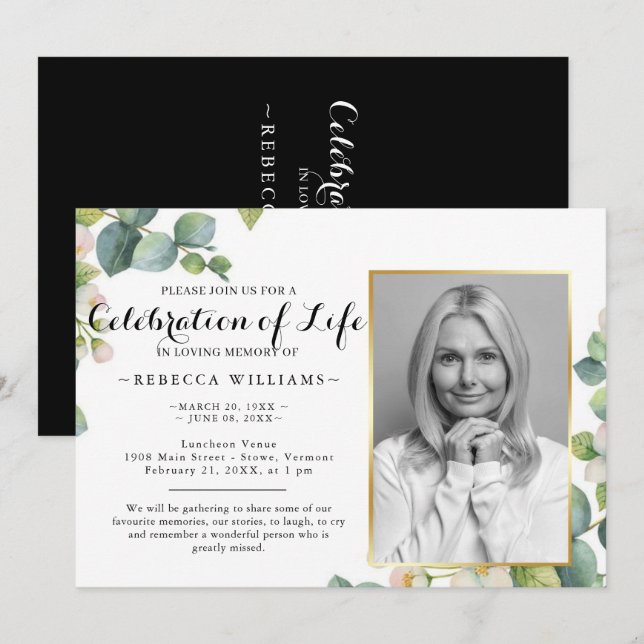 Eucalyptus Modern Photo Celebration of life Invitation (Front/Back)