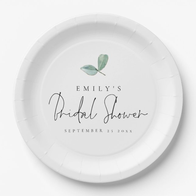 Eucalyptus Modern Script Name Date Bridal Shower Paper Plates (Front)