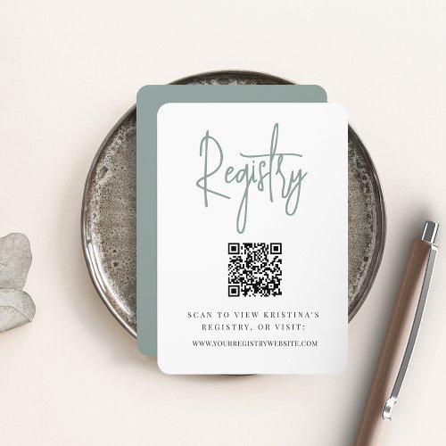 Eucalyptus  Modern Script QR Code Bridal Registry Enclosure Card
