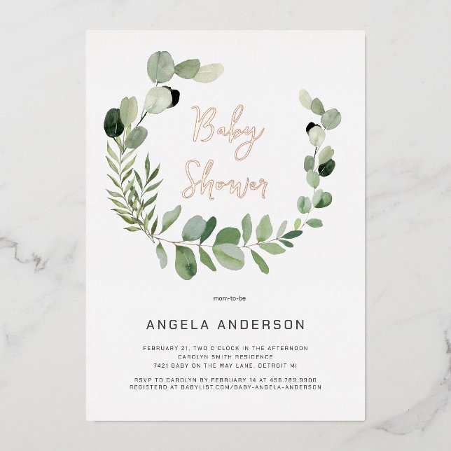 Eucalyptus Modern Simplicity Baby Shower Rose Foil Invitation (Front)