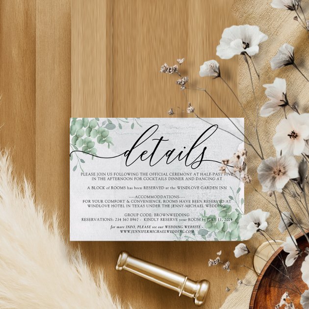 Eucalyptus Modern Wedding Accommodation Details RSVP Card