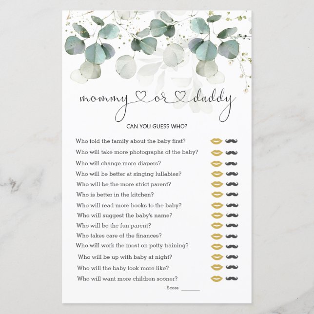 Eucalyptus Mommy or Daddy Baby Shower Game (Front)
