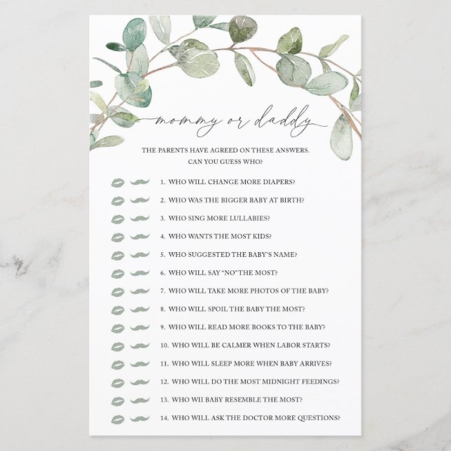 Eucalyptus Mommy or Daddy Game (Front)