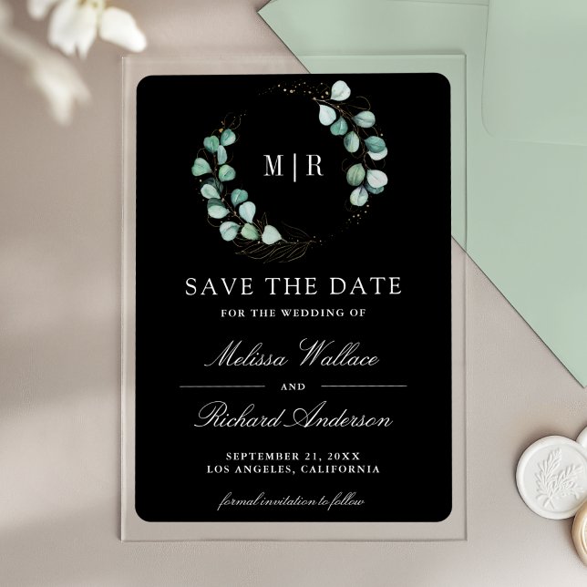 Eucalyptus Monogram Black Wedding Save the Date (Creator Uploaded)