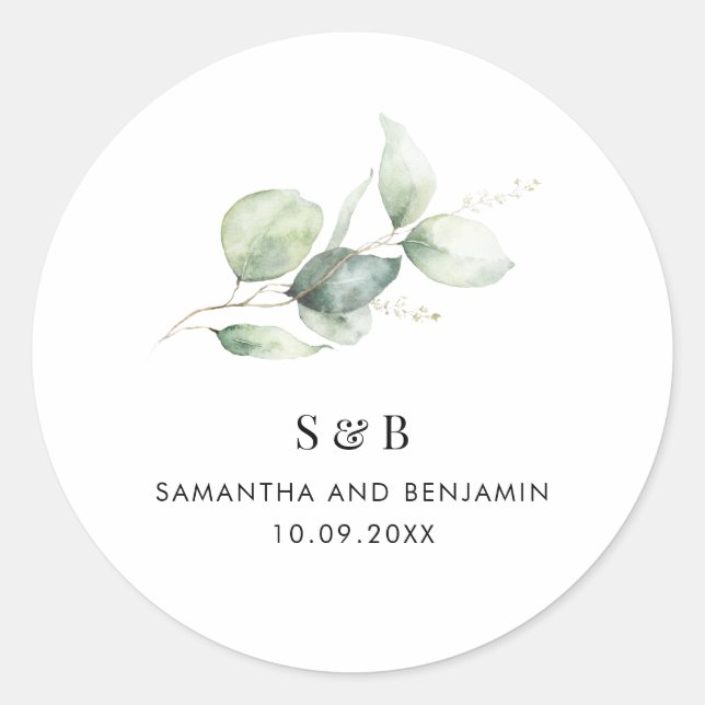Eucalyptus Monogram Botanical Wedding Classic Round Sticker (Front)