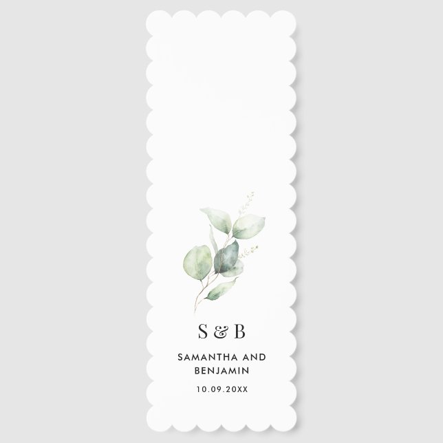 Eucalyptus Monogram Botanical Wedding Favors Bookmarks (Front)