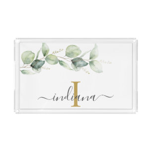 Eucalyptus Monogram Elegant Script Custom Acrylic Tray