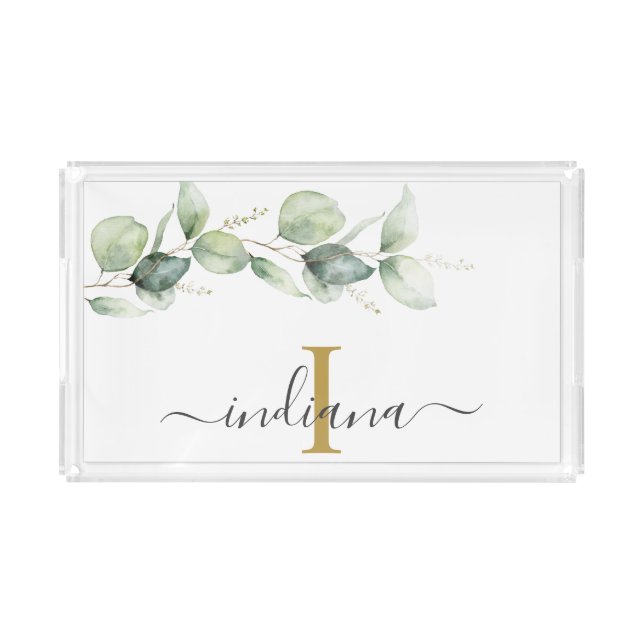Eucalyptus Monogram Elegant Script Custom Acrylic Tray (Front)