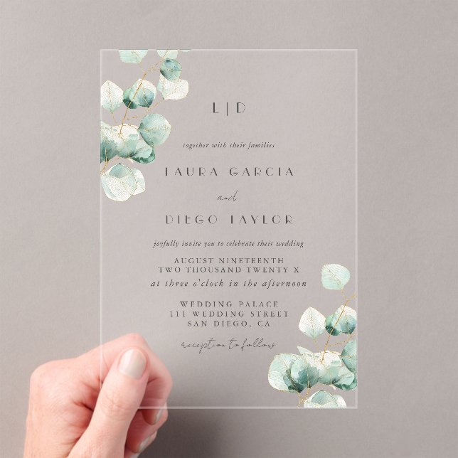Eucalyptus Monogram Elegant  Wedding Acrylic Invitations (Insitu (Handheld))