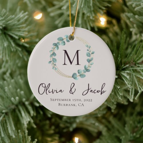 Eucalyptus Monogram First Christmas Wedding Photo Ceramic Ornament