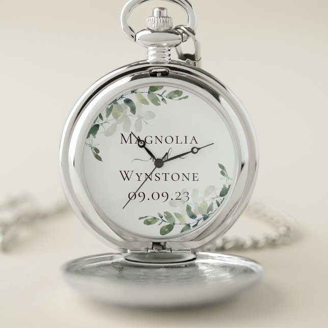 Eucalyptus Monogram Groom Wedding Day Pocket Watch (Creator Uploaded)