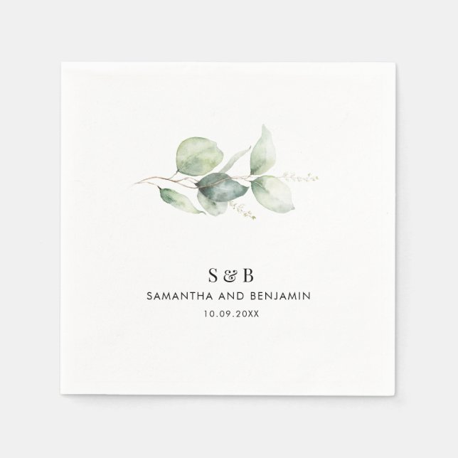 Eucalyptus Monogram Mr and Mrs Names Wedding Paper Napkins (Front)