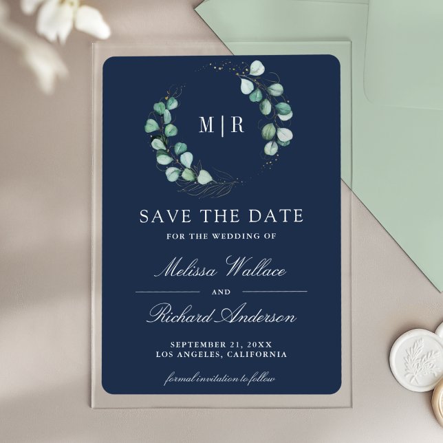 Eucalyptus Monogram Navy Wedding Save the Date (Creator Uploaded)