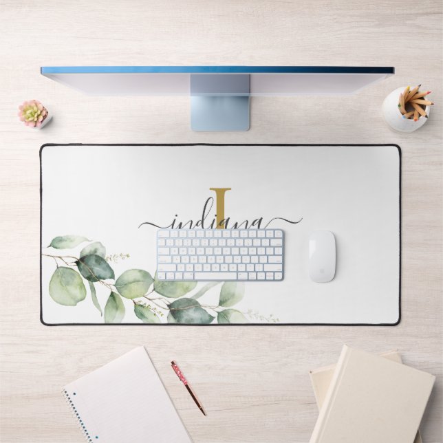 Eucalyptus Monogram Script Name Minimalist Desk Mat (Office 1)