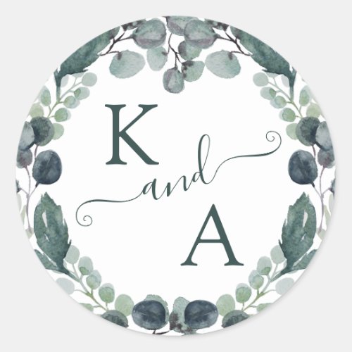 Eucalyptus Monogram Watercolor Wedding Classic Round Sticker