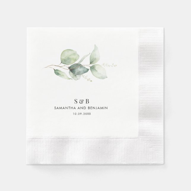 Eucalyptus Monogram Wedding Reception Paper Napkins (Front)