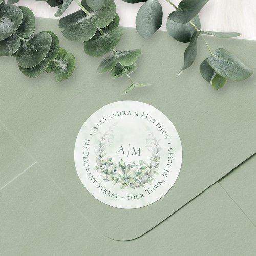 Eucalyptus Monogram Wedding Round Address Label