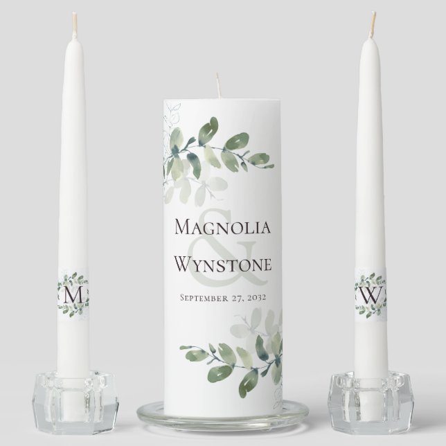 Eucalyptus Monogram Wedding Unity Candle Set (Front)