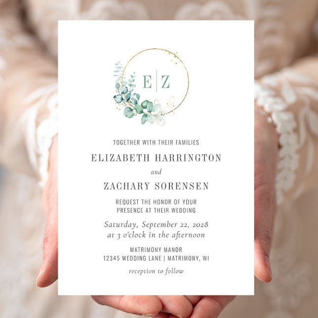 Eucalyptus Monogram Wreath Watercolor Wedding Invitation (Creator Uploaded)