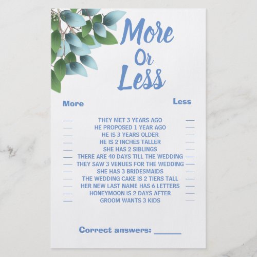 Eucalyptus More or Less Couples Shower Game Card  Flyer