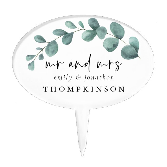 Eucalyptus Mr Mrs Script Names Wedding Cake Topper (Front)