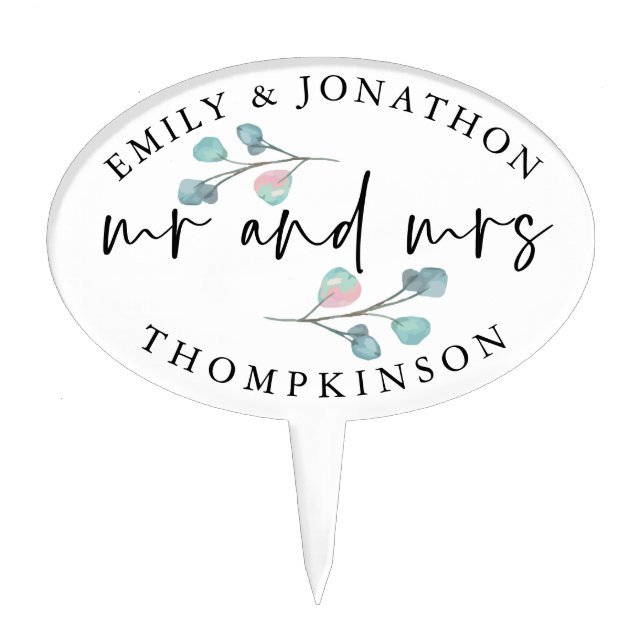 Eucalyptus Mr Mrs Script Names Wedding Cake Topper (Front)