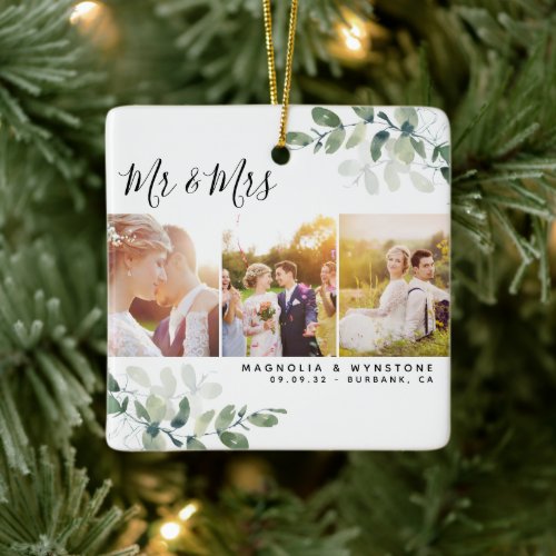 Eucalyptus Mr  Mrs Wedding Photo Ceramic Ornament