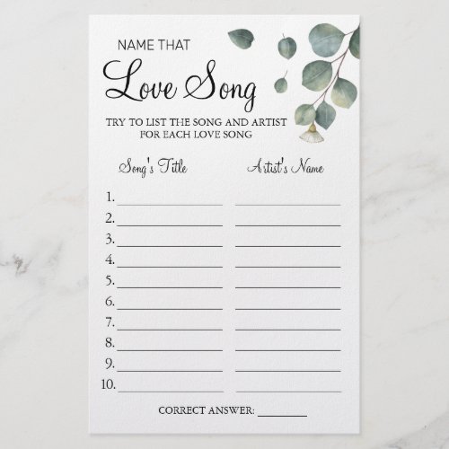 Eucalyptus Name that love song shower game card Flyer