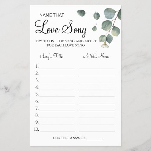 Eucalyptus Name that love song shower game card Flyer