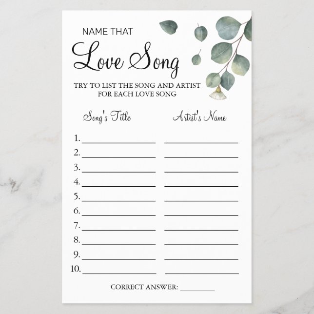 Eucalyptus Name that love song shower game card Flyer (Front)