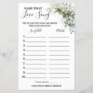 Eucalyptus Name that Love Song Shower Game Card Flyer