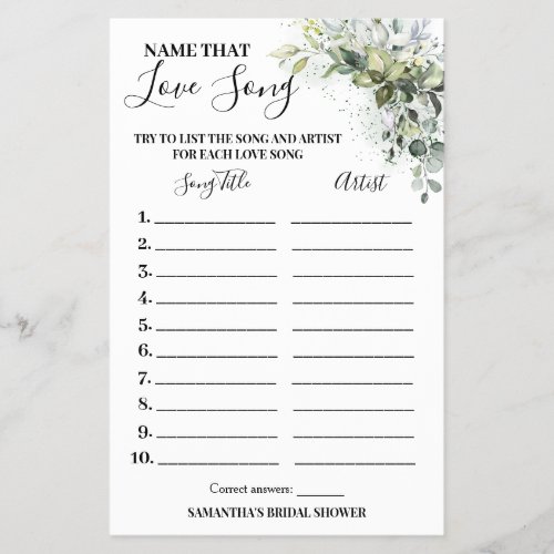 Eucalyptus Name that Love Song Shower Game Card Flyer