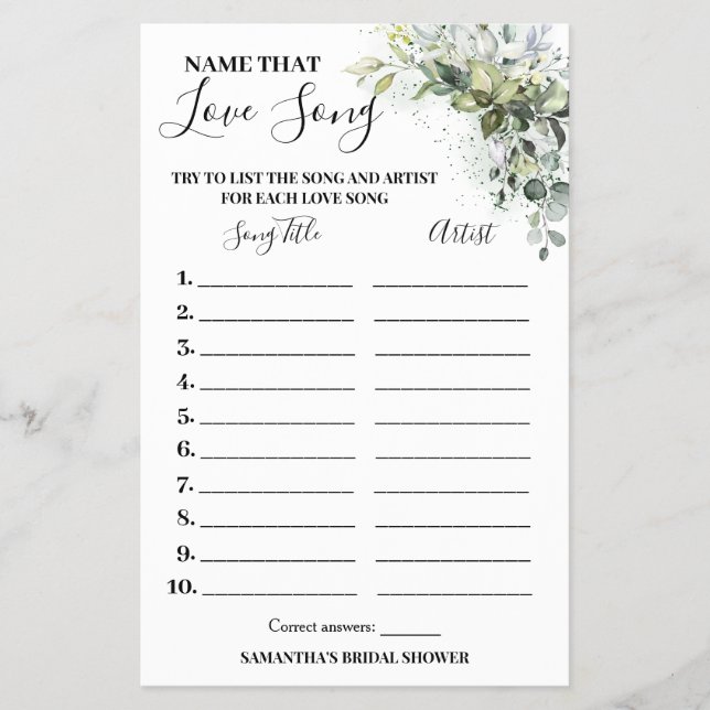 Eucalyptus Name that Love Song Shower Game Card Flyer (Front)