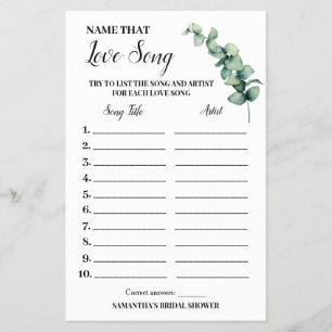 Eucalyptus Name that Love Song Shower Game Card Flyer