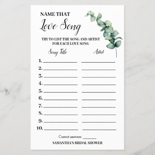 Eucalyptus Name that Love Song Shower Game Card Flyer