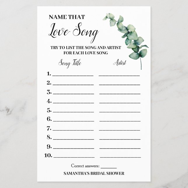 Eucalyptus Name that Love Song Shower Game Card Flyer (Front)