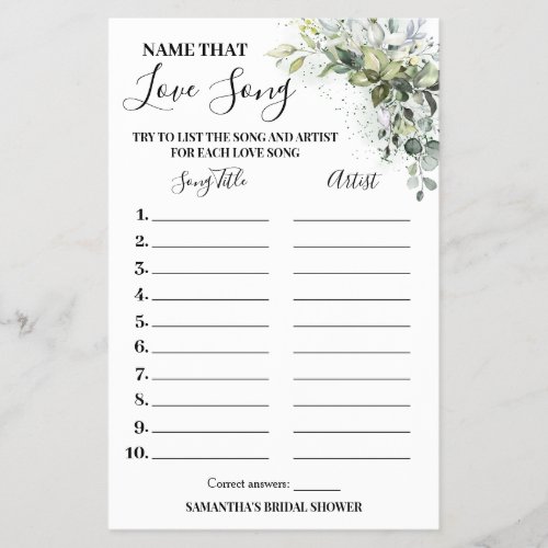 Eucalyptus Name that Love Song Shower Game Card Flyer