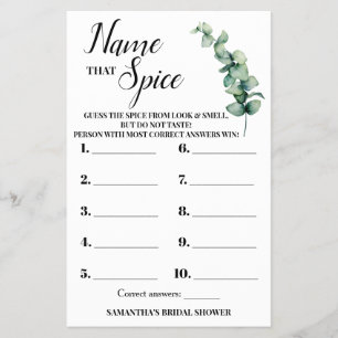 Eucalyptus Name that Spice Bridal Shower Game Card Flyer
