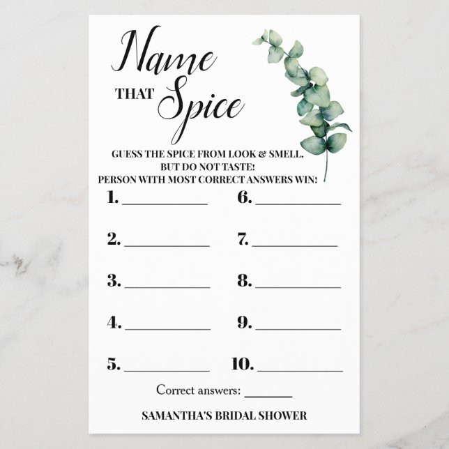 Eucalyptus Name that Spice Bridal Shower Game Card Flyer (Front)