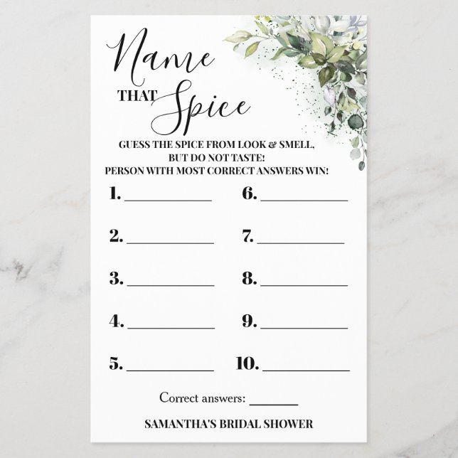 Eucalyptus Name that Spice Bridal Shower Game Card Flyer (Front)