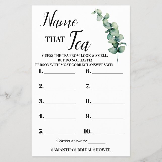 Eucalyptus Name that Tea Bridal Shower Game Card Flyer (Front)
