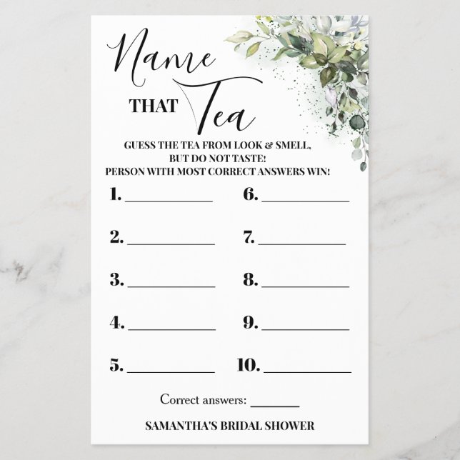 Eucalyptus Name that Tea Bridal Shower Game Card Flyer (Front)