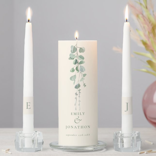 Eucalyptus Names Date Initials Sage Ivory Unity Candle Set (In Situ)